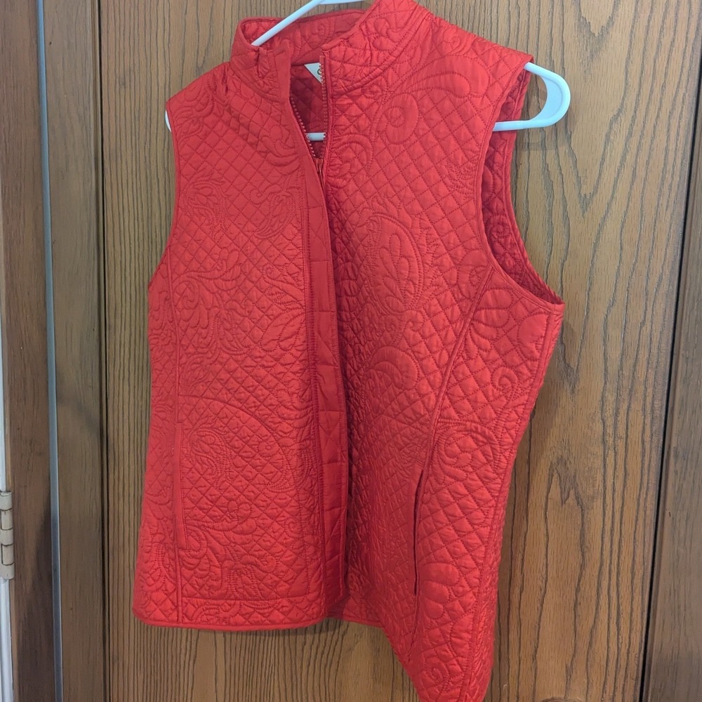 Orvis Red Quilted Silk Paisley Vest Full Zip Mock Neck Color Pop Women's Size S